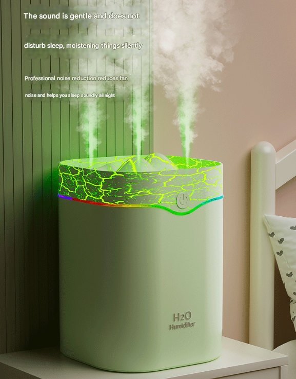 Green Volcano Style 2L Cool Mist Humidifier - Triple Nozzle with RGB LED & Quiet Operation